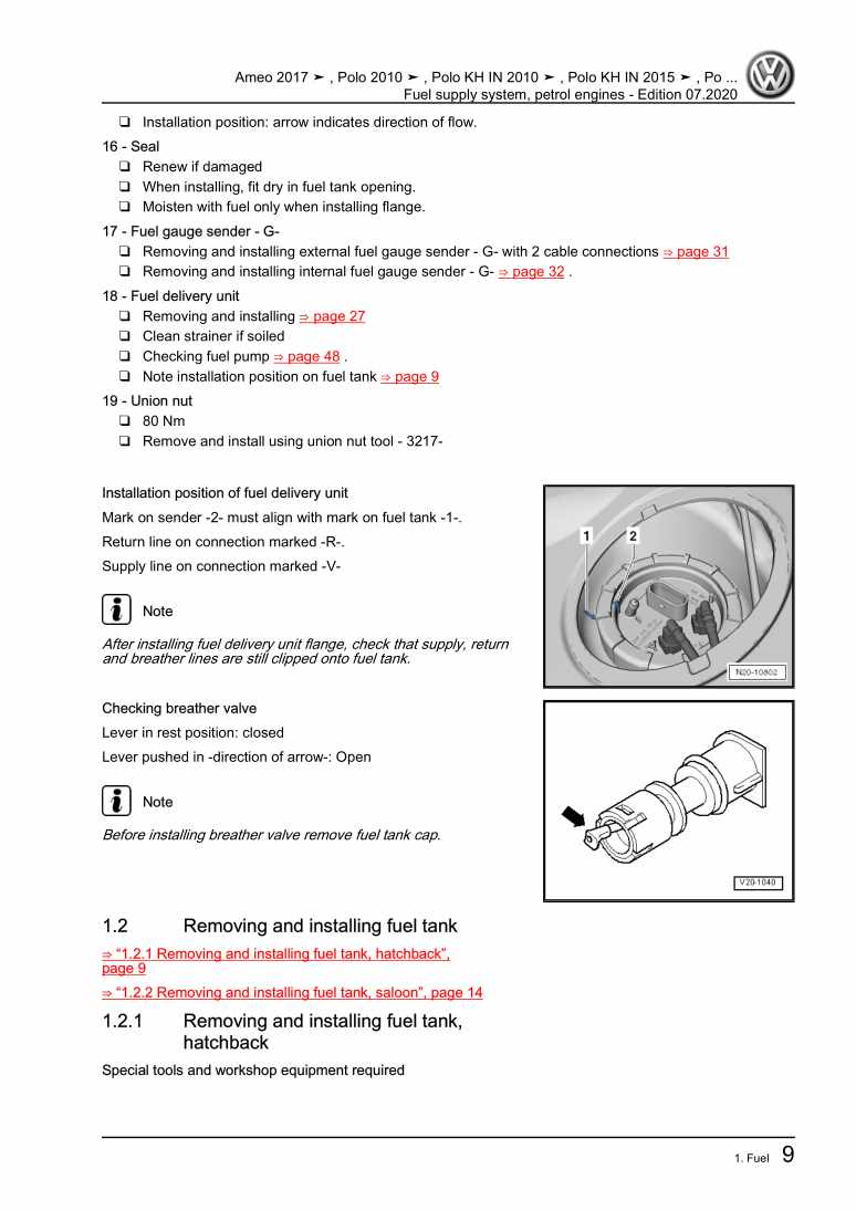 Examplepage for repair manual Fuel supply system, petrol engines