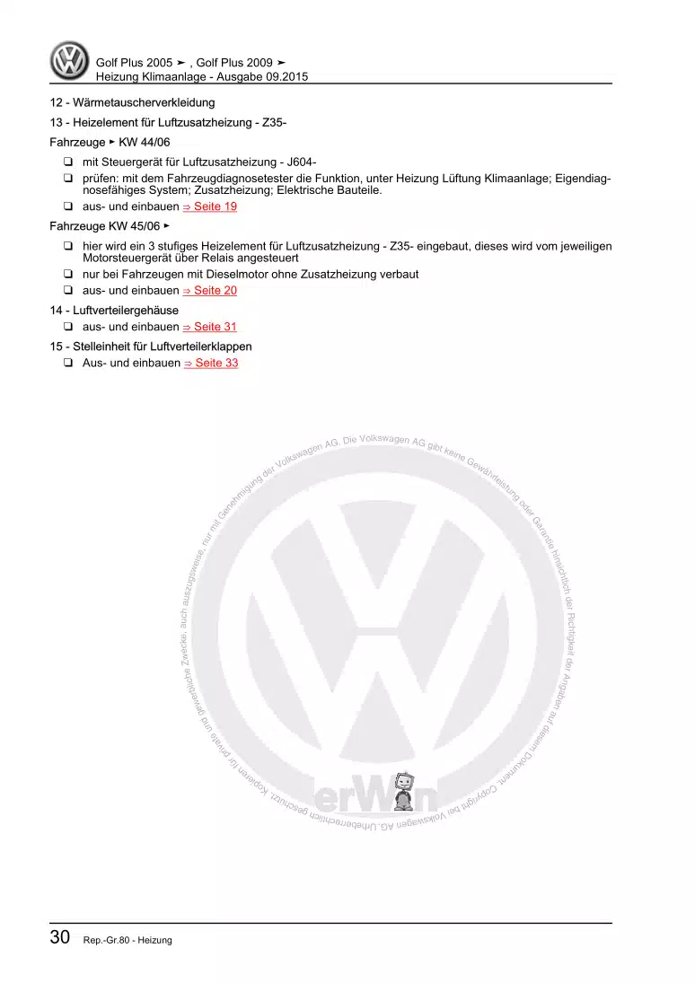 Examplepage for repair manual Heizung Klimaanlage