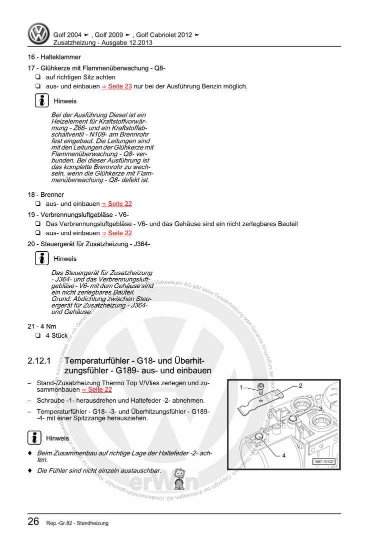Examplepage for repair manual 2 Zusatzheizung
