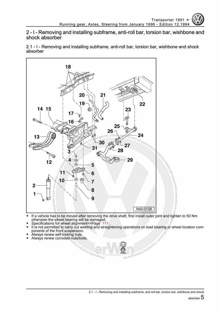 Examplepage for repair manual Running gear, Axles, Steering from January 1996