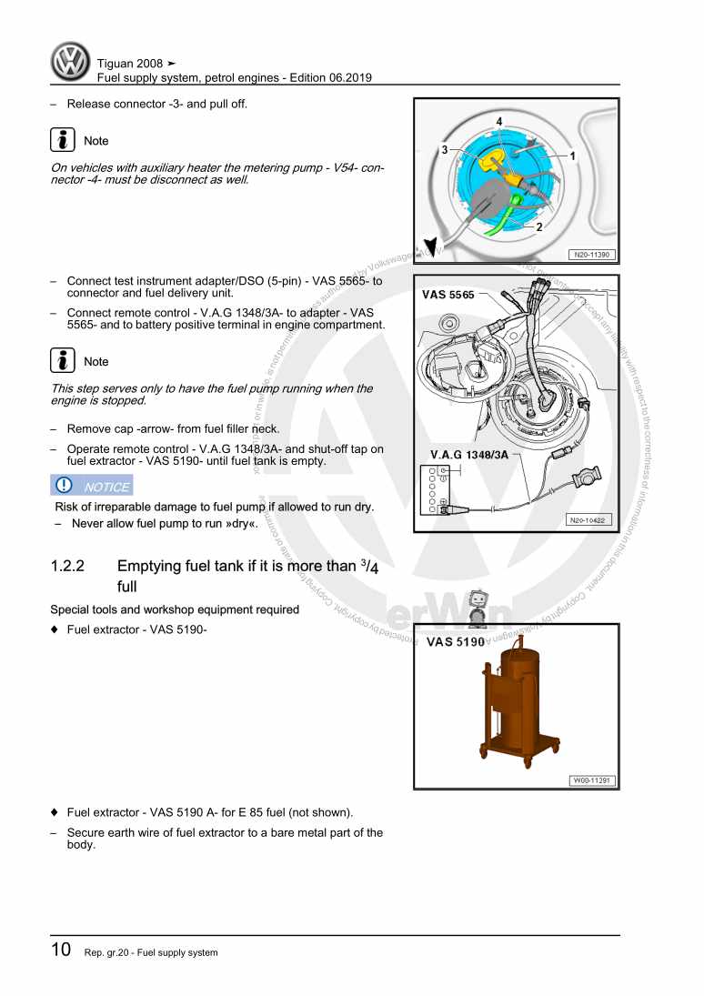 Examplepage for repair manual Fuel supply system, petrol engines
