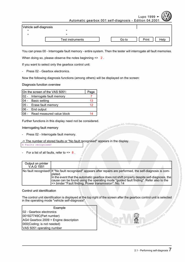 Examplepage for repair manual 2 Automatic gearbox 001 self-diagnosis