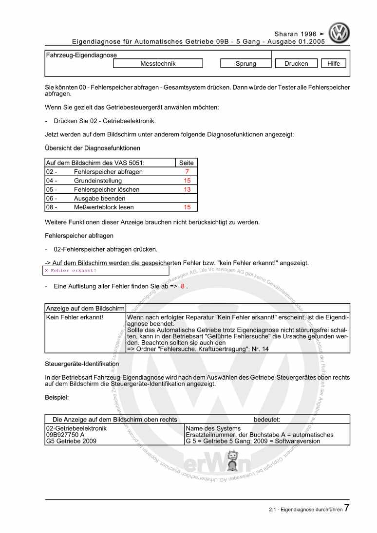 Beispielseite für Reparaturanleitung 2 Eigendiagnose für Automatisches Getriebe 09B - 5 Gang