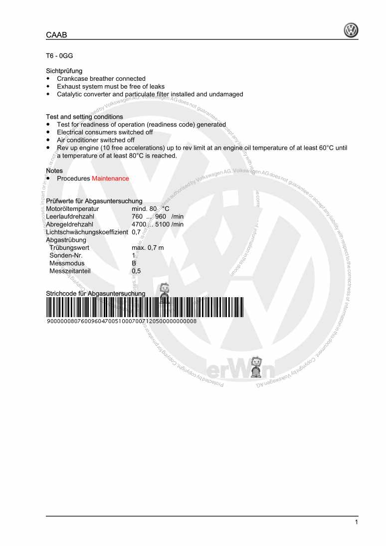 Examplepage for repair manual 3 Emission test VW