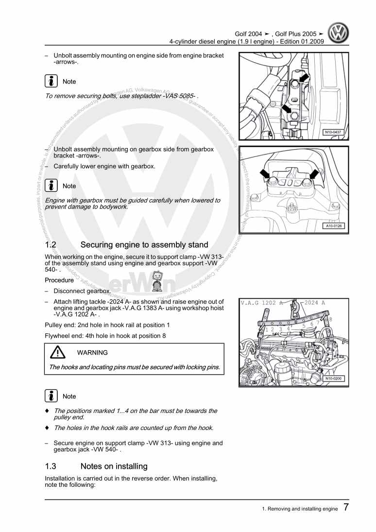 Examplepage for repair manual 3 4-cylinder diesel engine (1.9 l engine)