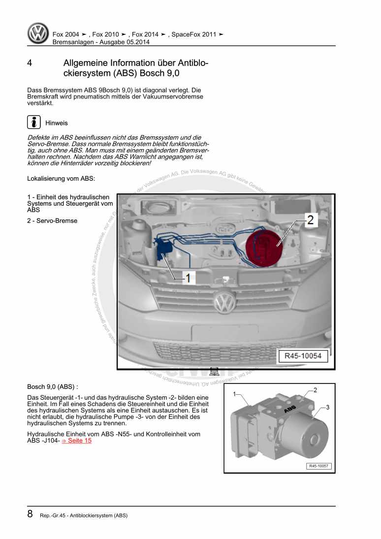 Examplepage for repair manual Bremsanlagen