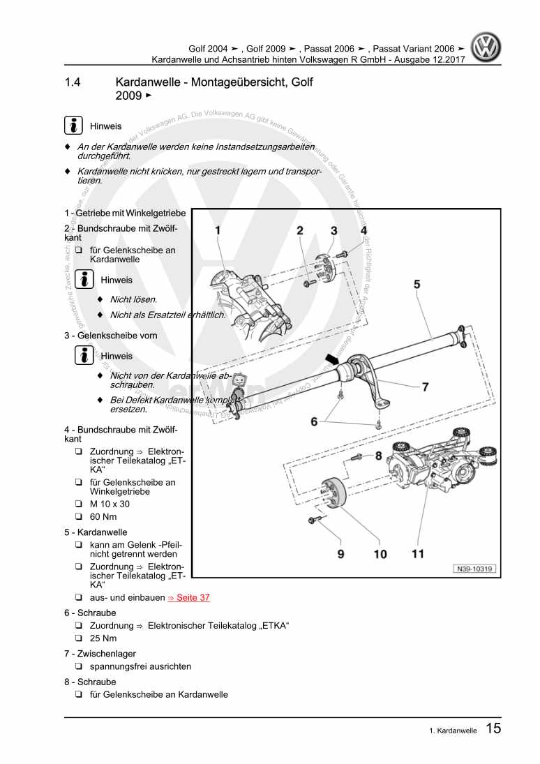 Beispielseite für Reparaturanleitung Kardanwelle und Achsantrieb hinten Volkswagen R GmbH