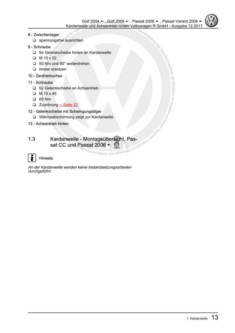 Beispielseite für Reparaturanleitung 3 Kardanwelle und Achsantrieb hinten Volkswagen R GmbH