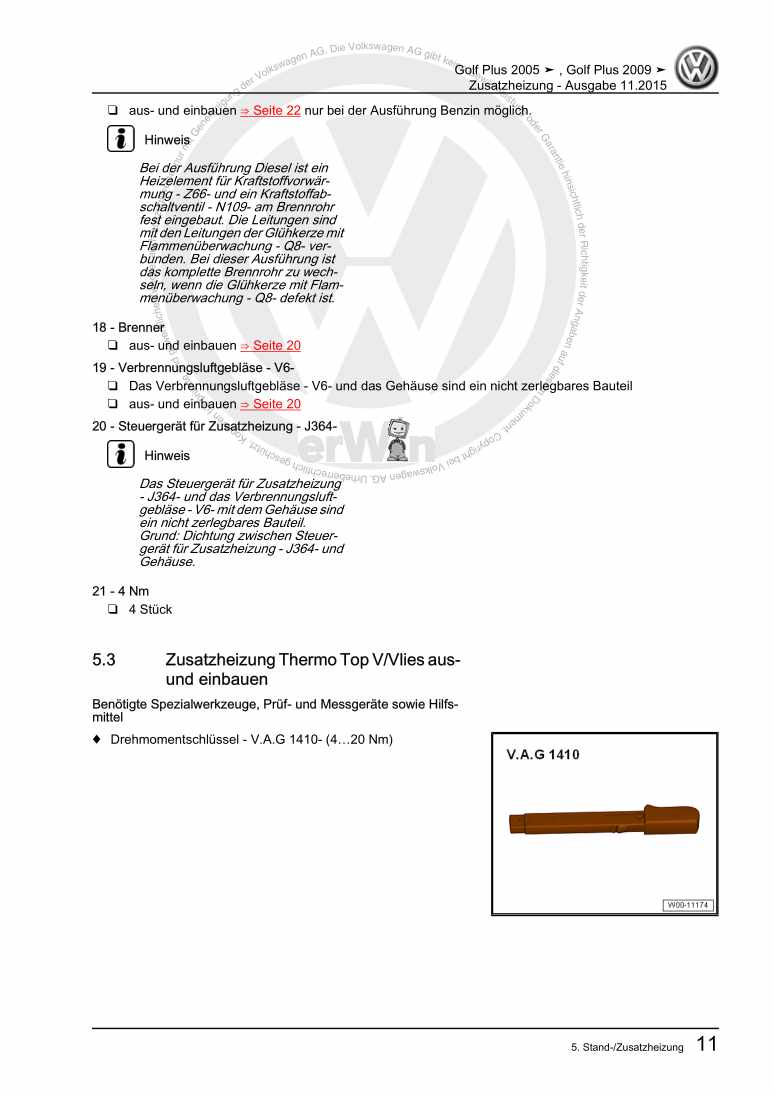 Examplepage for repair manual Zusatzheizung